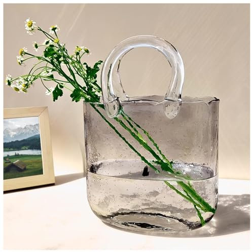 TYBEITAO Vasi in Vetro A Forma di Borsa, con Manici Vaso di Vetro per Fiori Vaso A Forma di Borsa Decorazione Creativa per Piante,Style1-Gray