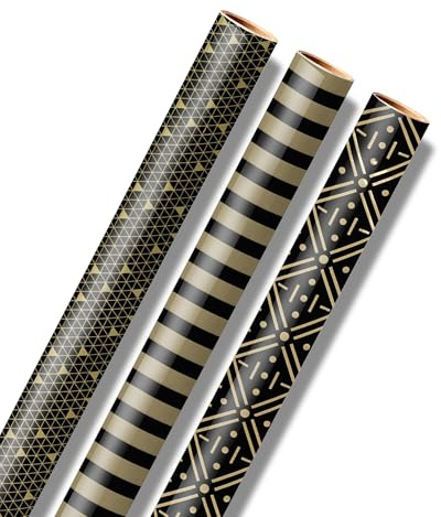 Neloheac Papel de Regalo Negro, 3 Rollos, 43 cm x 3 m por Rollo, para Navidad, Cumpleaños