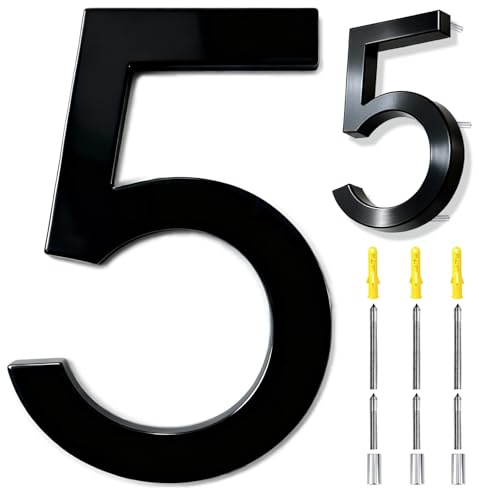 6 Inch House Numbers Black, 3D Floating Stainless Steel Address Door Number 6 with Nails Kit & Template, Zinc Alloy, Waterproof, Rust-resistant, Non-fading, for Home, Garage Gate, Street (5)