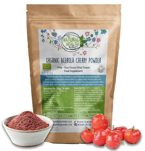 Organic Acerola Cherry Powder – Freeze Dried Fruit Powder Natural Vitamin C – The Natural Health Market UK (50g)
