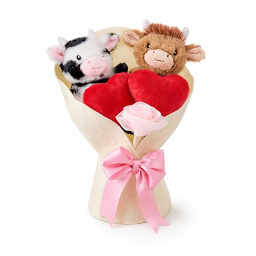 Adftccp Bouquet Vache Highland en Peluche avec Accents Cœur Et Détail Tulipe, Arrangement Style Bouquet en Feutre pour Cadeau Et Déco, pour Couples Amis Enfants Bureau Étagère Fête Mariage (1 pcs)