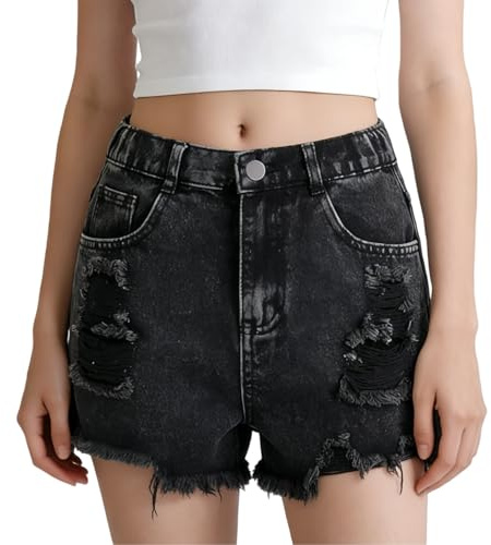 Mjjsk Ragazze Strappato Jean Shorts Bambini Vita Media Gamba Dritta Pantaloncini di Denim Casual Brevi Jeans Ragazzi Estate Hot Pants Trendy Streetwear, Nero , 11-12 Anni