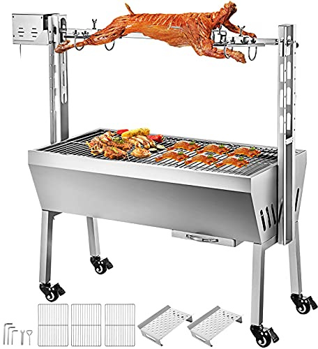 VEVOR Girarrosto BBQ per Agnello capacità da 40kg Senza Lamiera, Griglia a Barbecue Motore Elettrico 25W con Forchetta per Arrosto, Forno in Piedi BBQ in Acciaio Inox con Pedana e Ruote per Campeggio