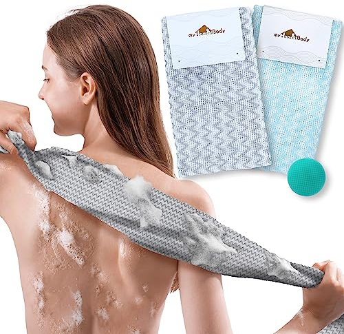 myHomeBody Extra langer Peeling-Waschlappen, Peeling-Körperschrubber, Duschtuch, langes Badetuch, 3D-Textur, silbergrau und arktischer blauer Chevron, 2er-Set mit Silikon-Gesichtsbürste