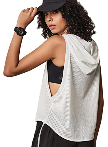 Femmes Aptitude sans Manches Engrener Capuche Hoodies Sports Fonctionnement Tee-Shirts Hauts Blanc L
