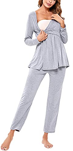 Litherday Pijama Premamá Algodón Lactancia Manga Larga Bolsillos Gris L | Pijama para embarazo en algodón con elastano, pantalón de bolsillos y camiseta de manga larga para casa, descanso y posparto