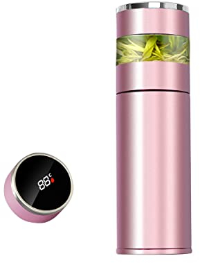 Bouteille infuseur à thé – Thermos à café – Bouteille d'eau de sport intelligente avec affichage LED de la température – Tasse à thé de voyage avec filtre en acier inoxydable (rose)