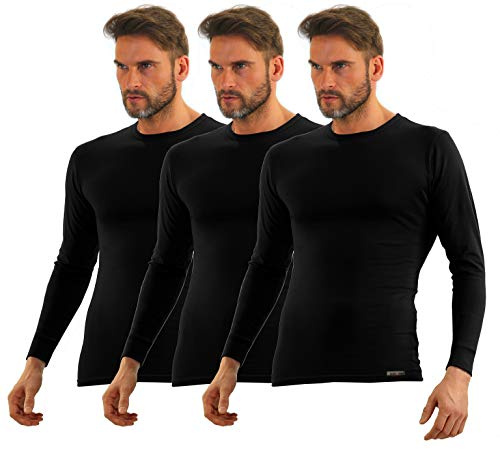 Sesto Senso Herr undertröja långärmad paket med 3 termiska underkläder i bomull lätt funktionell T-shirt baslager topp, 3-pack – svart, 3XL