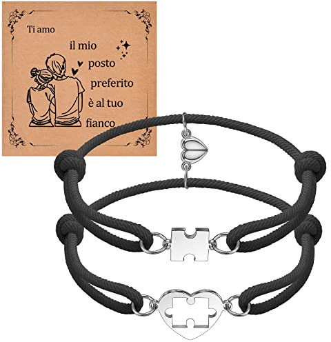 Cheerslife Regalo Festa Della Mamma,Coppia di bracciali con ciondoli a Forma di Cuore, per Coppie,Idea Regalo per Natale, San Valentino,Regalo per Partner per Lui Lei Fidanzata Fidanzato Nero