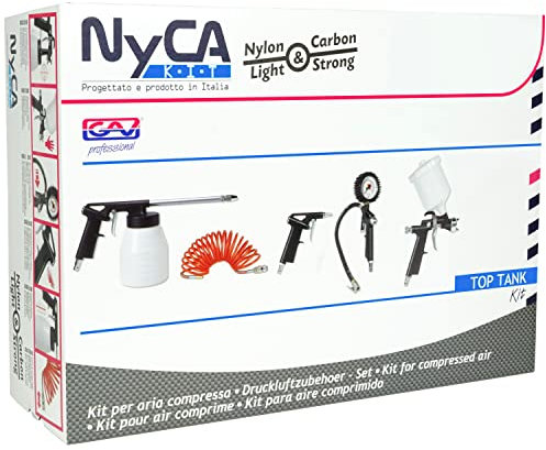 GAV Kit Accessori Aria Compressa NYCA con Pistola Soffiaggio, Manometro Pressione Gonfiaggio Gomme, Aerografo Verniciatura, Pistola Lavaggio e Tubo Spirale 4m