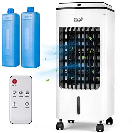 Portable Evaporative Air Cooler, 4L Air Cooler with Remote Control Cooling Fan AC Unit with 3 Speed Settings and 2 Ice Boxes, 7.5 Hour Timer, 360 ° Wheels for Home,Office