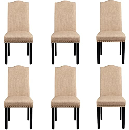 Yaheetech Esszimmerstühle 6er Set Küchenstuhl mit Hoher Rückenlehne Moderne Stühle für Küche und Esszimmer, Beine aus Massivholz, gepolsterte Sitzfläche aus Leinen bis 136 kg Belastbar, Khaki