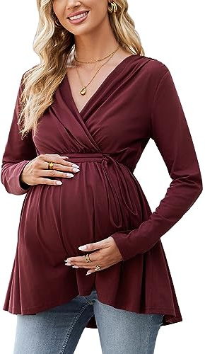 OUGES 2025 Womens Maternity Nursing Tops/Shirts Long Sleeve Wrap V Neck Tie Back Maternity Clothes/Tunic Casual Pregnancy Blouse(Wine,XL)