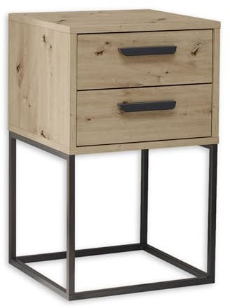 Stella Trading Suna Nachttisch in Artisan Eiche Optik-Moderner Nachtschrank mit Schubladen und schwarzem Metallgestell, Holzwerkstoff, 40 x 65 x 38,5 cm