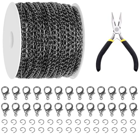 Glarks 102Pcs 9 m Catena a Maglie in Metallo Gun Black, Catena con Finitura Mentale e Chiusure a Moschettone per Accessori Fai Da Te per Gioielli