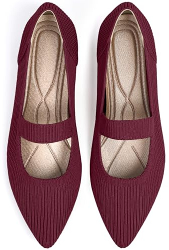 TINGRISE Women's Flats Shoes Pointed Toe Knit Washable Ballet Comfortable Dressy Mary Jane Flat Red US8.5