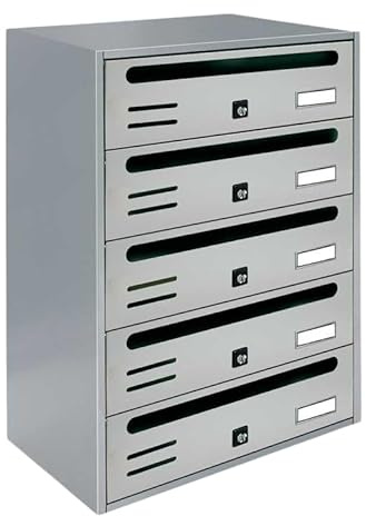 ALUBOX CUBO Cassette Postali Condominiali 5 Posti 53X38,5X25 Cm In Lamiera Zincata Cassetta Postale Condominiale Orizzontale Da Esterno E Interno Protetto (ARGENTO RAL 9006)