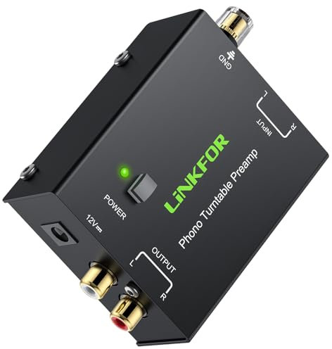LiNKFOR Preamp de Fono pp900 Ultracompacto Preamplificador de Tocadiscos Bajo Ruido con Entradas y Salidas RCA, Adaptador de Corriente 12V/1A Mini Preamp de Fono para Tocadiscos