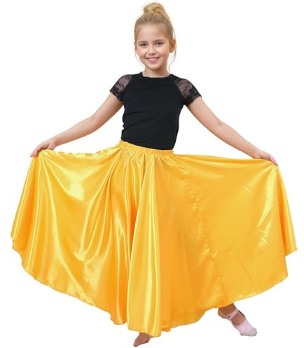Baisdan Gonna per Danza del Ventre per Ragazze, Gonna Lunga in Raso Cerchio Completo per Danza del Ventre, Costume da Ballo Flamenco,Giallo 5-7 Anni