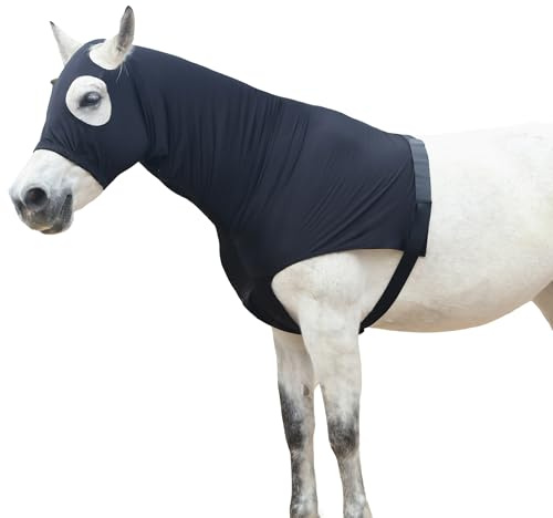 Cappuccio elasticizzato per cavallo con cerniera, copertura integrale per viso e collo per protezione dal prurito dolce, protezione per spalle e mosche, nero, taglia M
