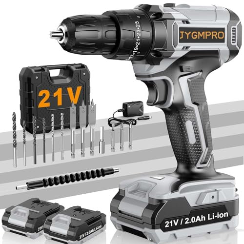 JYGMPRO Taladro Percutor a Bateria 21V, Taladro Atornillador Bateria con 2x2.0Ah Baterías, Atornillador Electrico 42Nm, 25+3 Ajuste de Par, 2 Velocidad,14 Accesorios,Para Hogar,Bricolaje,Gris Oscuro