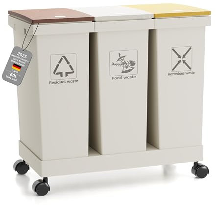 Yikko Lot de 3 poubelles de cuisine - Système de tri sélectif - 3 poubelles avec couvercle et 3 poubelles de 20 l - Amovibles - Avec roulettes - Système de tri sélectif pour papier, plastique, verre