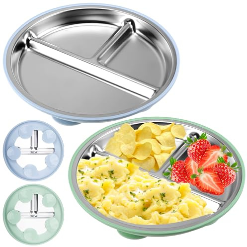 WUISOLQP 2 platos infantiles de acero inoxidable con ventosa, 22 cm, con ventosa, sin BPA y con silicona extraíble, platos infantiles con subdivisión, platos para bebés, platos de acero inoxidable (A)
