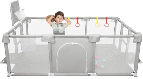 Parque infantil con tetinas versión mejorada 2025 recinto para bebés 300D tela Oxford, centro de actividades para niños, fácil de montar y limpiar, 180 x 120 x 66 cm, gris claro