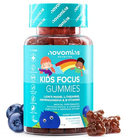 Gominolas para la Concentración para Niños – 30 Gominolas – con Ashwagandha, Melena de León, Vitamina B12, B6 y L Teanina – Nootrópicos Memoria y la Concentración – Sin Gluten y Veganas – Novomins