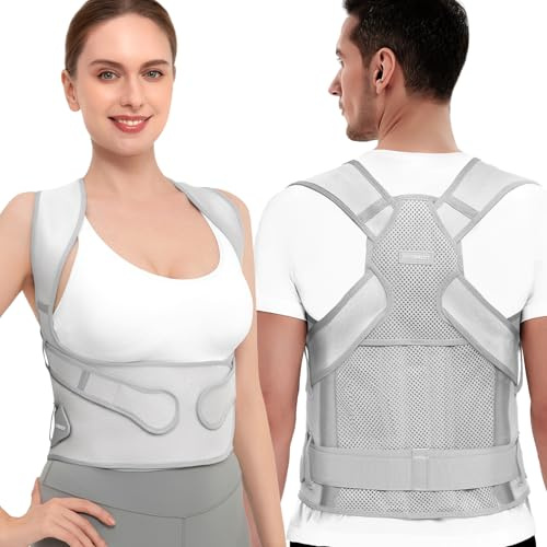 Vicorrect Correcteur de Posture pour Femmes et Hommes : Ceinture de Soutien Dorsal pour Soulager les Douleurs du Haut du Dos et des Épaules (Gris, M)