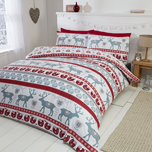 Scandi 100% Franela de algodón edredón Funda de edredón y 2 Funda de Almohada Juego de Ropa de Cama, Rojo/Multicolor, Super King