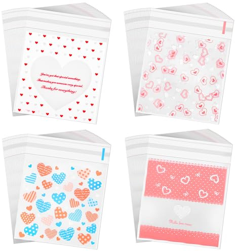 Whaline 400 Pieces Valentine Cellophane Bags Cookie Treat Bags, Heart Self-Adhesive Clear Plastic Candy Bags Party Favor Gifts Goodies Bags, 4 Styles