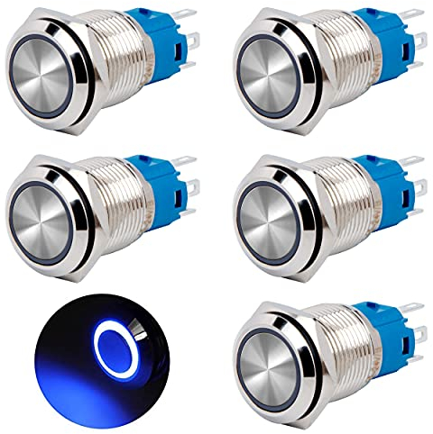 QIMEI-SHOP Druckschalter Wasserdicht 16mm Schalter 12-24 V 3A Momentanen Taster Druckknopfschalter Messing 5 Pin mit Blau Ring LED-Licht für Auto KFZ Boot Motorrad 5 Stück