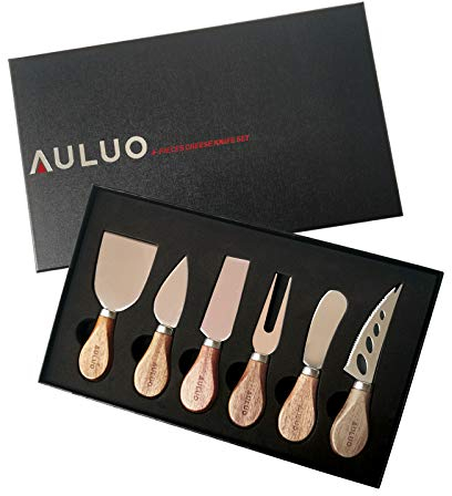 AULUO Cheese Knives Gift Set of 6, Stainless Steel Cheese Knife Set Wooden Handle, Gifts for Cheese Lovers, Christmas Gifts, Gift for Her