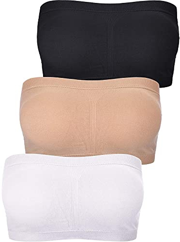 3 Pieces Bandeau Bras Women Stretch Strapless Bralettes Non Padded Stretch Top Tube Bras for Women Girls (White, Black, Nude Color, XXL)