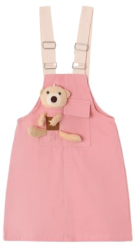 KIDSCOOL SPACE Vestido overol mezclilla niñas,Vestido mono color verano diseño simple oso lindo,rosa,11-12 años