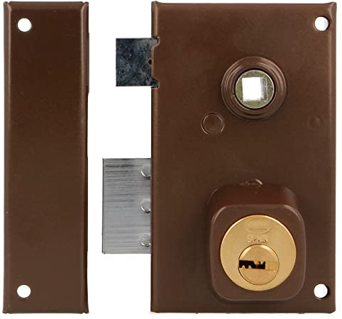 Amig - Cerradura de Sobreponer de Izquierda con Palanca de Cierre, Lengüeta y Cuadradillo para Puertas de Madera Mod. 75N / 67 x 112 mm/Cilindro Redondo de Seguridad/Acero Marrón