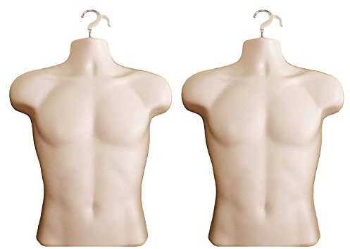 DisplayTown 2 Flesh Male Mannequin Injection Forms Half Rounded Waist Body Torso Dress Form with Only Hanging Hook, S-M Sizes