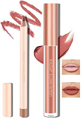 Boobeen Lápiz de labios mate líquido y lápiz de línea Set, desnuda de labios rojos maquillaje de larga duración a prueba de agua lápices delineador de labios y terciopelo brillo de labios mate