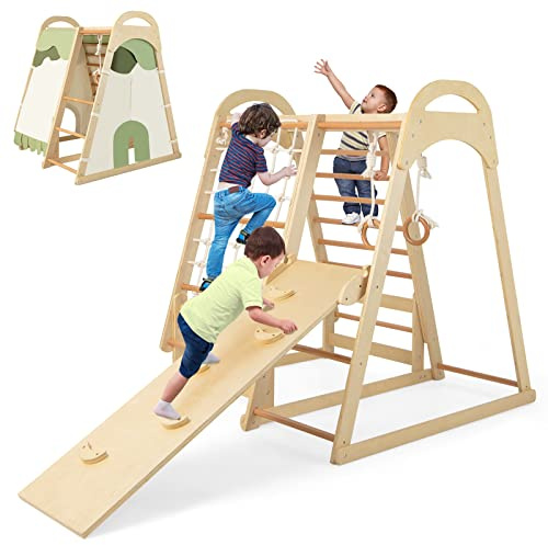 LIFEZEAL Triángulo de Escalada 6 en 1 para Interior, Parque Infantil con tobogán de Madera, Red de Escalada, Anillas y casita de Juegos, Juguetes de Escalada para niños a Partir de 3 años