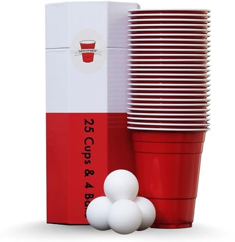 RedCupShop® Red Cups | 25 Rote Beer Pong Becher & 4 Bälle | Spülmaschinenfest & Wiederverwendbar | 473ml Plastikbecher | Kultige redcups für Partys, Geburtstag & Beer Pong
