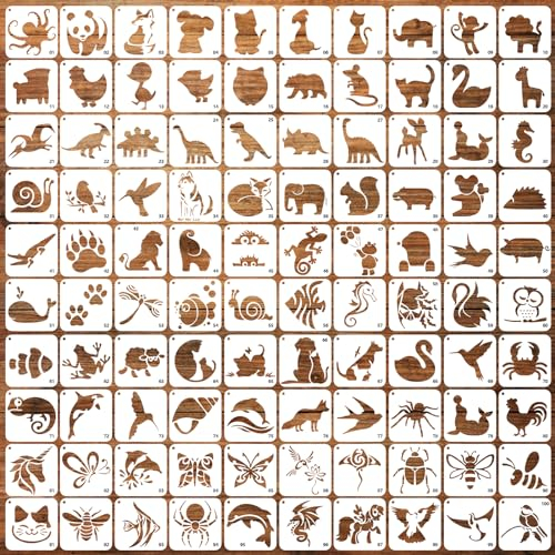 SRIZIAN 100 Stück Kleine Tier Schablonen Set, 7.6x7.6cm Wiederverwendbar Schablonen Zeichenschablonen Malschablonen der DIY Schablonen für kinder Scrapbooking Holz Wand Möbel Leinwand Deko