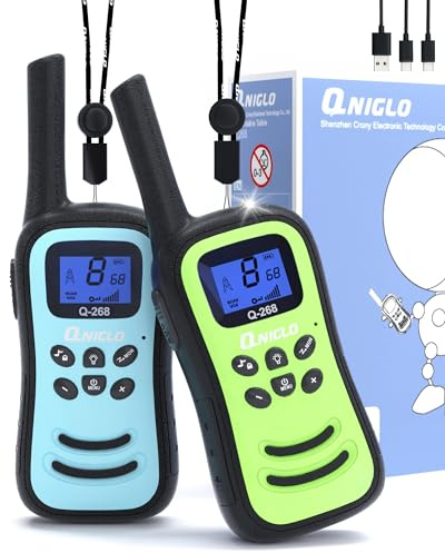 QNIGLO Walkie Talkie Recargable Juguetes para Niños de 3-12 años,Radio de 2 vías 8 Canales Largo Alcance Walkie Talkies,Una Linterna incorporada para Acampar, Aventuras,Regalos para Niños 3-12 Años