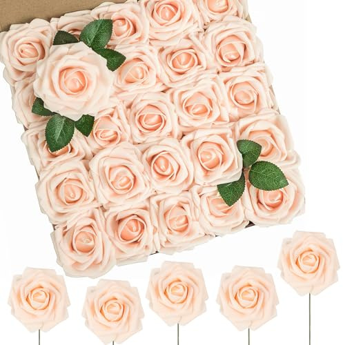 N&T NIETING Artificial Flowers Roses, 50Pcs Real Touch Fake Foam Roses DIY for Wedding Bridal Bouquets, Valentine's Day, Mother's Day, Baby Shower, Home Decoration, Blush