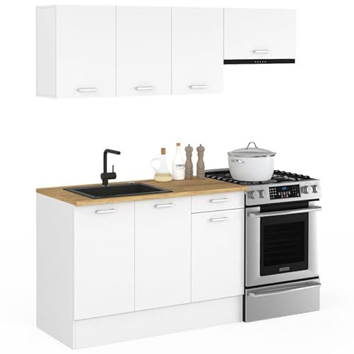 IDMarket - Cocina completa 180 cm sutil con encimera 5 elementos blanco y bandejas de madera