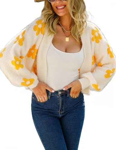 Jamron Mujer Jersey Abierto Cardigan Corto Floral Manga Larga Cover Up Cárdigan de Punto