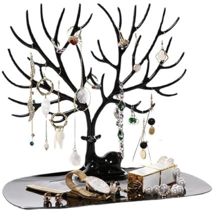 VODAFQS Portafogli 2 in 1 in metallo nero, albero dei gioielli con vassoio, supporto per anelli e orecchini