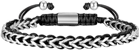 Rope & Chain Braided Link Bracelet for Men : Handmade Trendy Men's Stainless Steel Metal Non Tarnish Waterproof Franco Chain Bracelet Fashion Jewelry Gift for Dad Son Boyfriend, Adjustable,Black