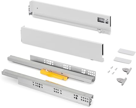 Emuca - Utdragbara lådor för kök Vertex Push Sincro, 3D-justering, H 93 mm, 40 kg, djup 450 mm, stål, vitmålad