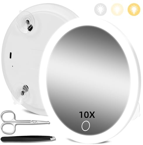 Hmggoofa 10X Magnifying Mirror with Lights, 10X Magnified Mirror with 3 Color Lighting Adjustable Brightness, 6inch Travel Makeup 10x Magnification with 3 Suction Cups - Includes Tweezers & Scissors